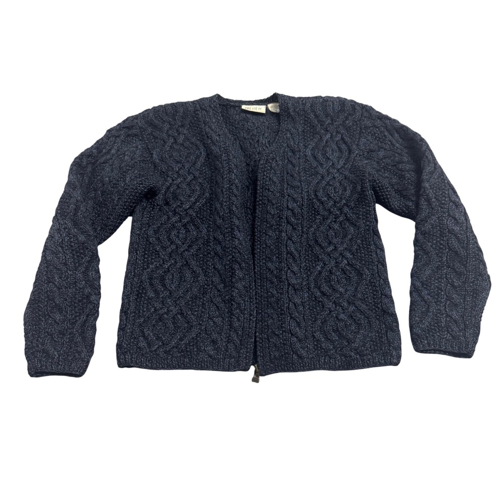 Preview International Navy Wool Cable Knit Zip Cardigan Jacket S/XS Retro Cozy